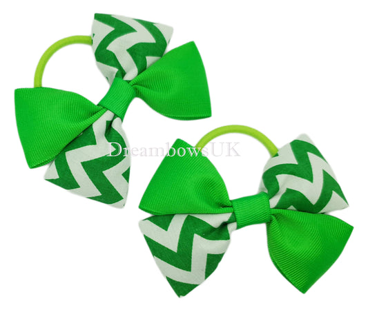 Emerald green and white chevron hair bows on thick bobbles