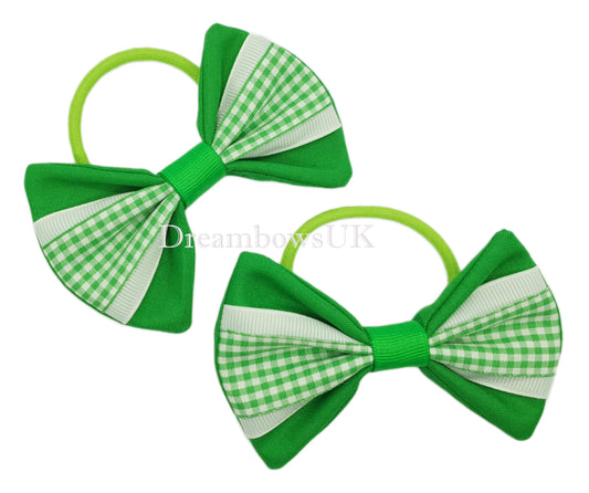 Emerald green and white gingham hair bows on thick bobbles