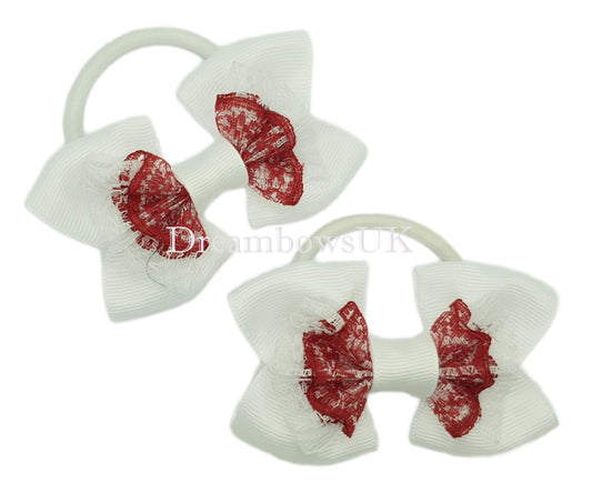 Burgundy and white lace school bows on thick bobbles