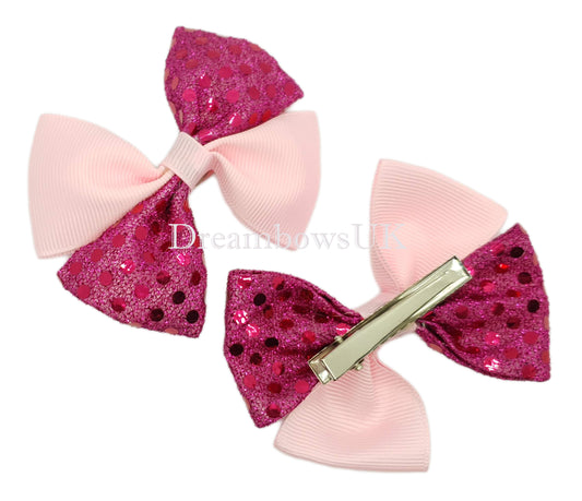 Sparkling Cerise Pink and Baby Pink Diamante Hair Bows – Exclusive Design on Alligator Clips, Ready-Made for Quick UK Delivery!