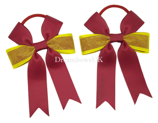 Burgundy and yellow organza hair bows on thick bobbles