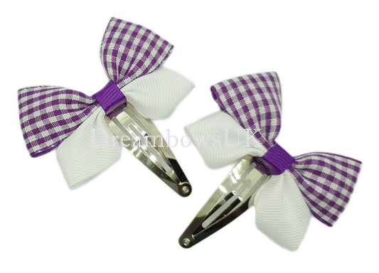 Purple and white gingham hair bows on snap clips