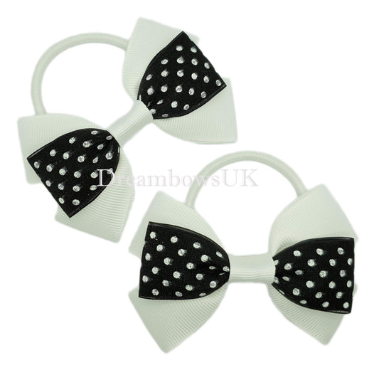 Polka dot hair bows, black and white bows, thick bobbles