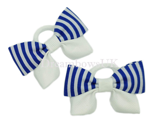 Royal blue and white striped hair bows on soft baby bobbles