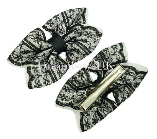 Black and white lace hair bows, alligator clips, crocodile clips