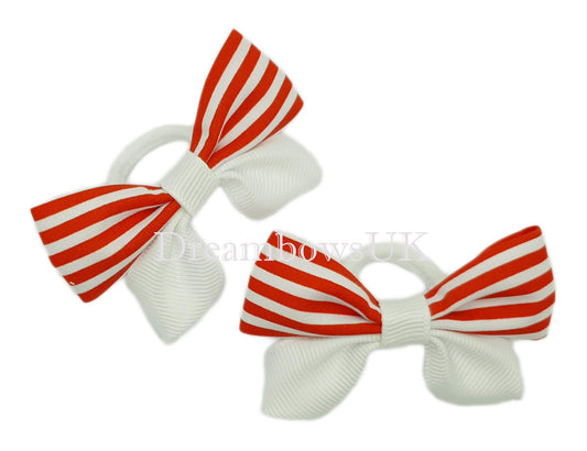 Red and white striped hair bows on polyester bobbles