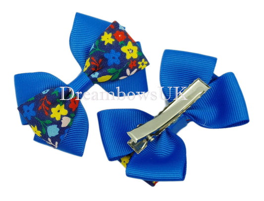 Royal blue floral bows, crocodile clips