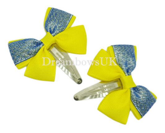 Royal blue and yellow glitter hair bows, snap clips
