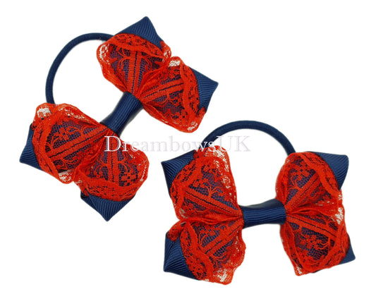 Girls navy blue and red school bows on thick bobbles 