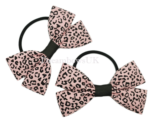 Black and baby pink leopard print hair bows on thick bobbles