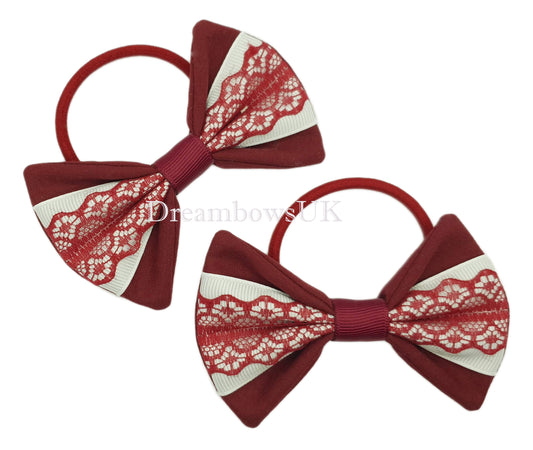 Burgundy and white school bows on thick bobbles
