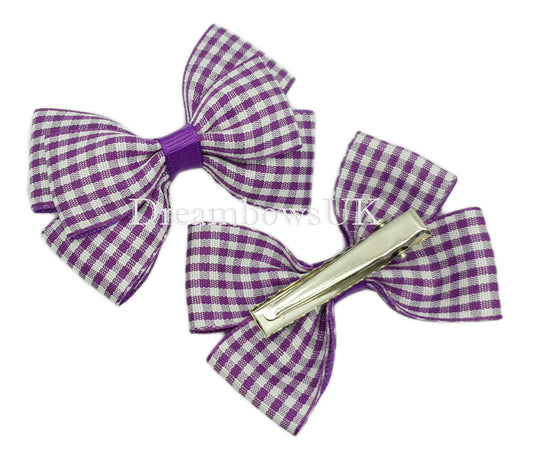 Purple gingham hair bows on alligator clips