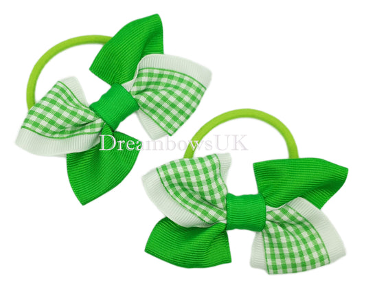 Green gingham school bows, thick bobbles