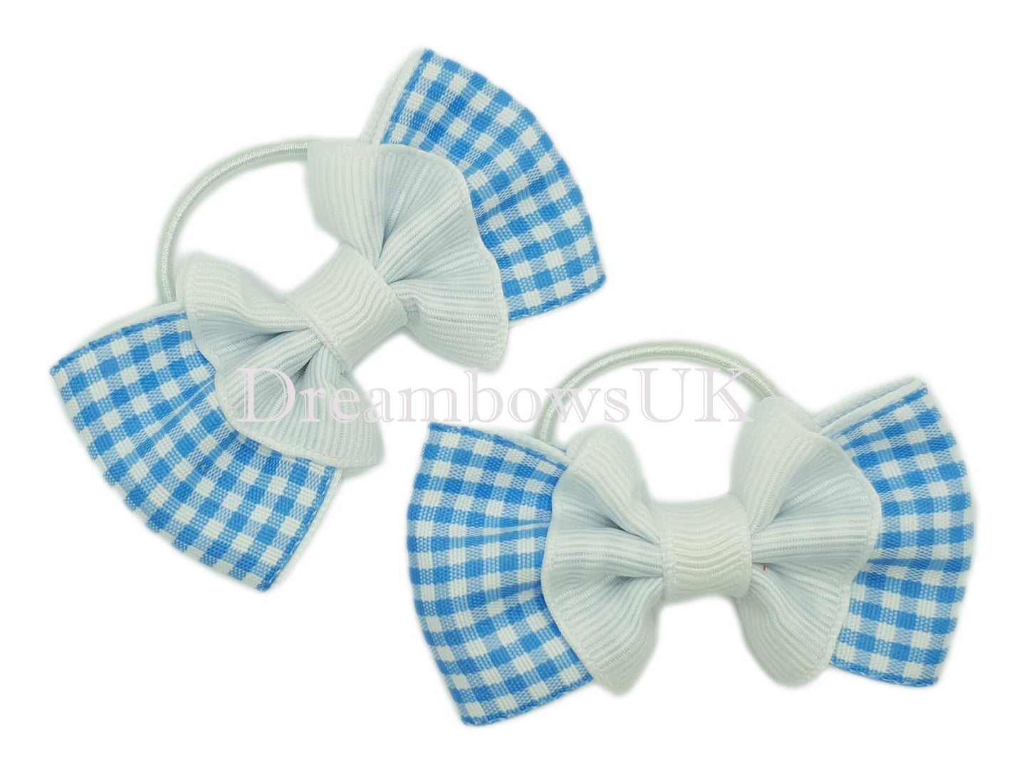 Baby blue and white gingham hair bows on thin bobbles