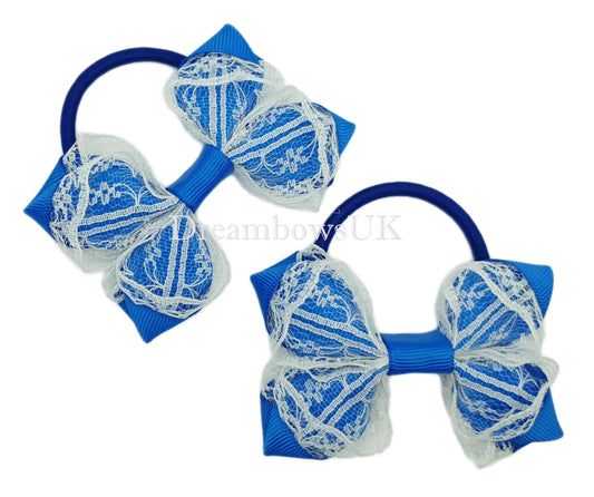 royal blue and white lace hair bows, thick bobbles