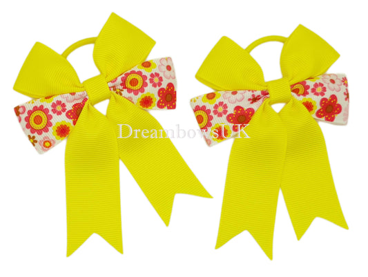 Yellow hair bows, thin bobbles, floral hair bows