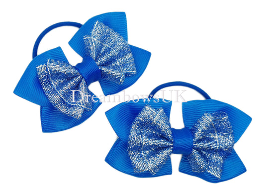 Royal blue glitter bows on thin hair ties
