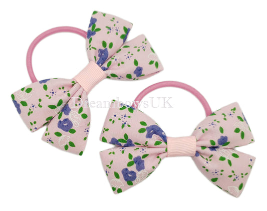 Baby pink and purple floral hair bows on thick bobbles