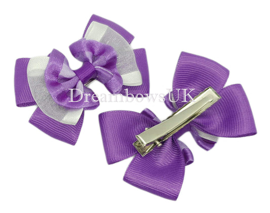 purple and white organza hair bows on alligator clips