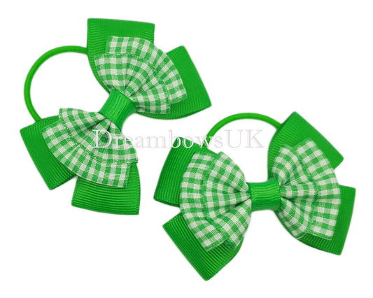 Emerald green gingham hair bows on thin bobbles