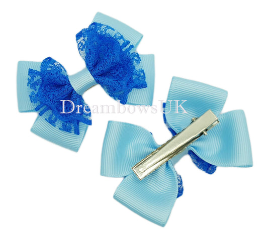 Royal blue and baby blue lace hair bows on alligator clips