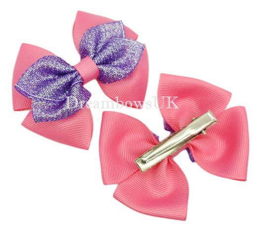 Bright pink bows, purple bows, glitter bows, alligator clips