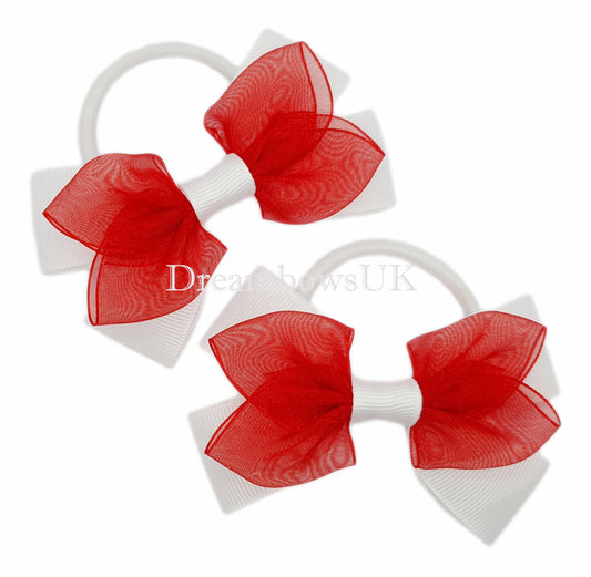 Red and white organza hair bows, thick hair bobbles, girls school bows