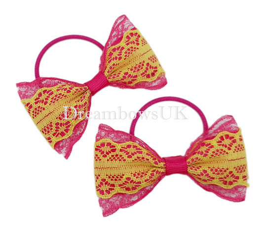 Pink and yellow lace hair bows on thin bobbles, lace hair accessories 