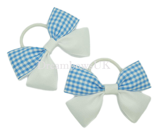 Baby blue and white gingham hair bows on thin bobbles