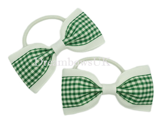 Bottle green and white gingham hair bows on thin bobbles