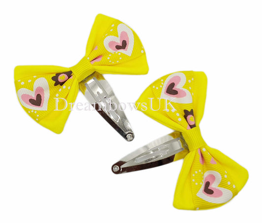 Yellow heart design hair bows, snap clips, toddler hair accessories 