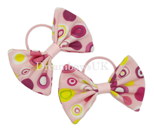 Playful Pink Funky Polka Dot Fabric Hair Bows – Exclusive 9cm x 6cm Pair on Thick Bobbles, Ready for Fast and Free UK Postage!