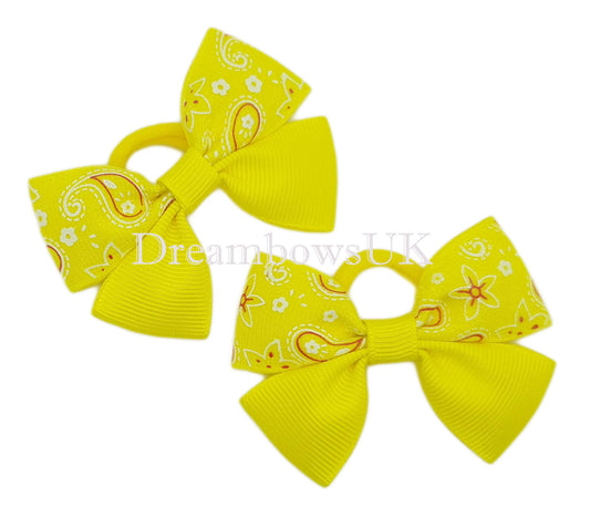Yellow paisley hair bows on polyester bobbles, baby hair bows