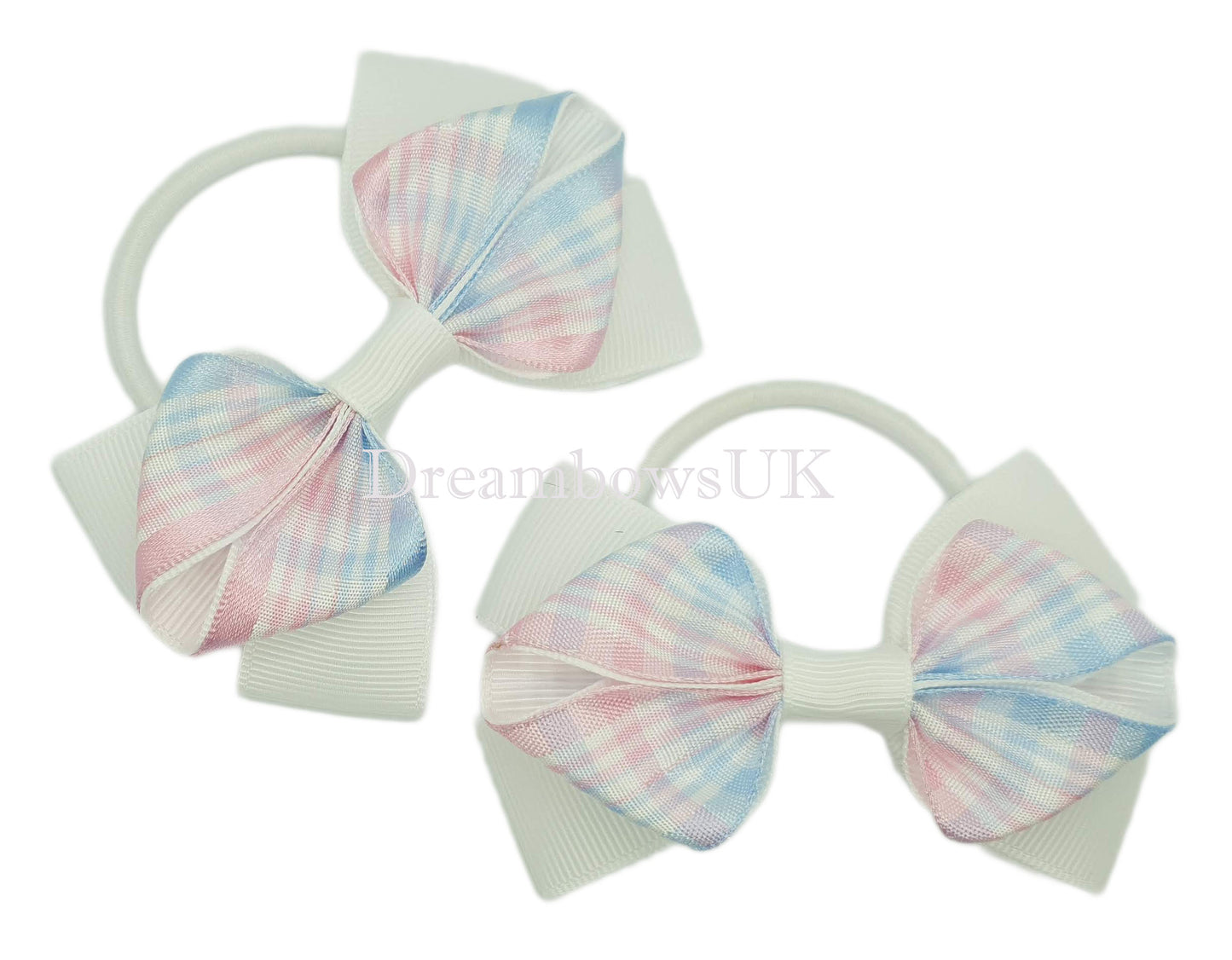 White, Pale Pink, and Blue Tartan Hair Bows on Thick Bobbles | One-of-a-Kind Design