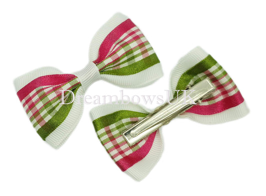 Stylish Green, Pink, and White Tartan Bows – Set of 2 on Alligator Clips