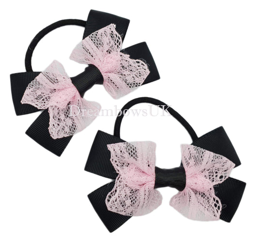 Chic Black & Baby Pink Lace Hair Bows - 9cm x 6cm | Unique One-of-a-Kind Design!