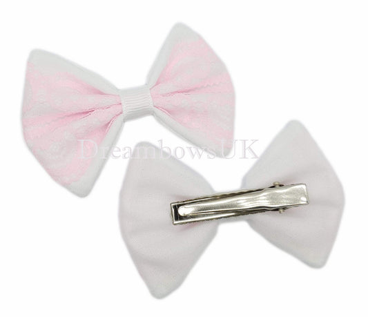 Baby pink and white hair bows, crocodile hair clips