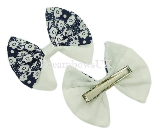 Navy blue and white floral hair bows, alligator clips
