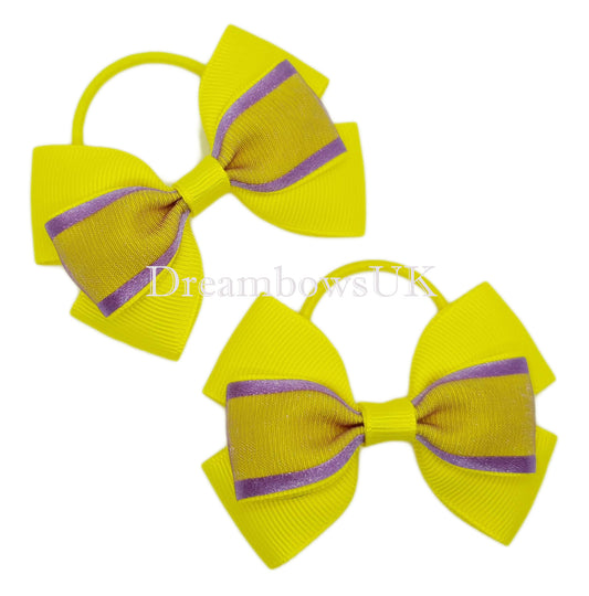 Yellow and purple hair bows, thin hair elastics