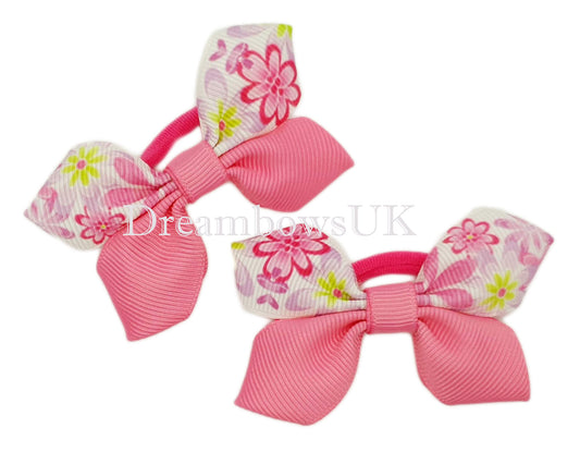 Baby hair bows, pink floral hair bows, polyester bobbles