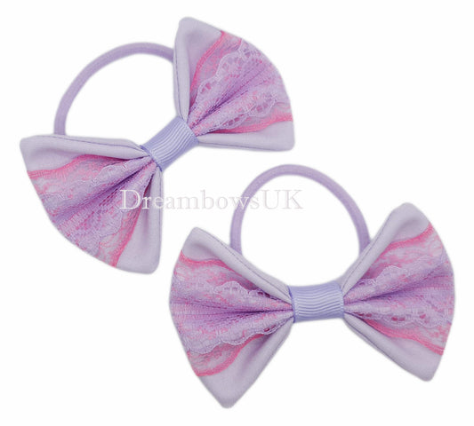 Pink and lilac hair bows, lace bows, thick bobbles