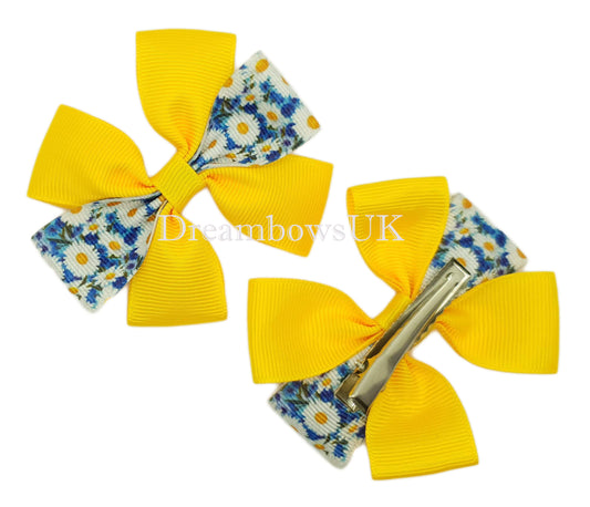 Golden yellow and blue floral hair bows, alligator clips, crocodile clips