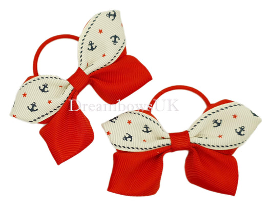 Red and cream hair bows on thin bobbles