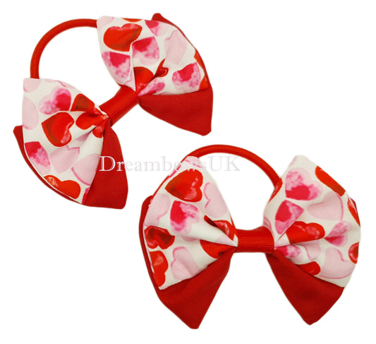Red and white hearts hair bows on thick bobbles
