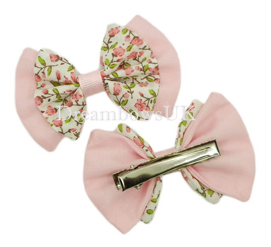Baby pink floral fabric hair bows, crocodile clips