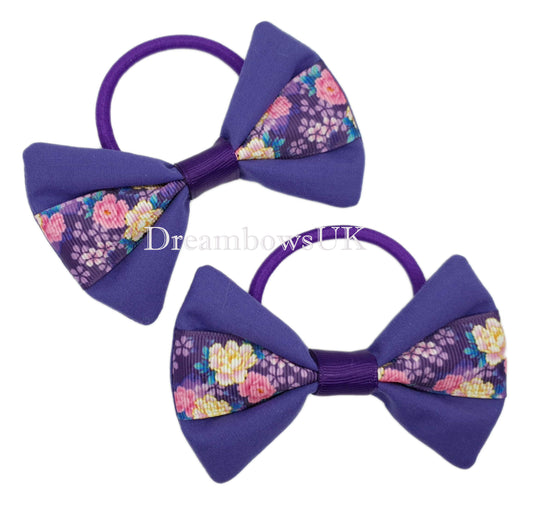 Purple floral hair bows, thick bobbles