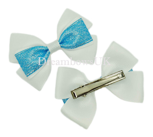 Turquoise and white glitter bows, alligator clips