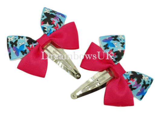 Pink and blue hair bows, toddler snap clips
