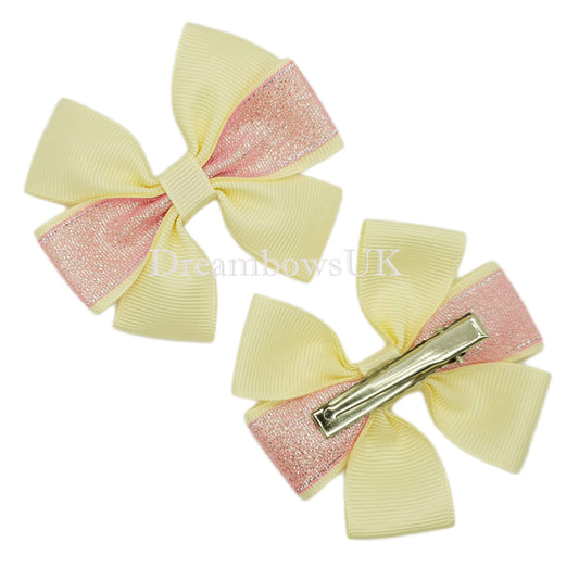 Cream and baby pink glitter bows, crocodile clips