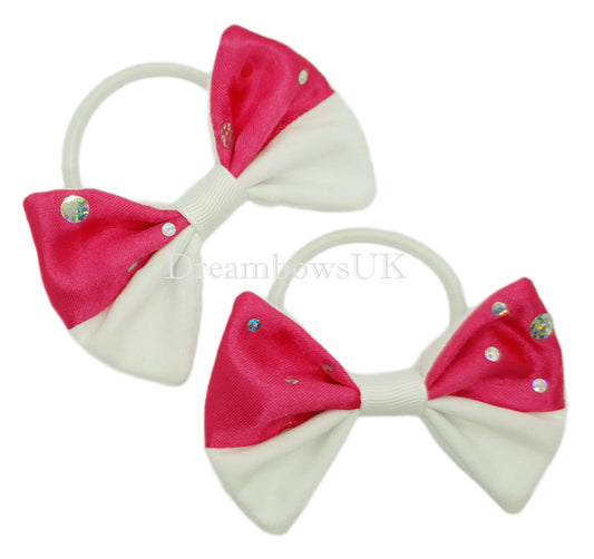Pink and white diamante hair bows, thick bobbles